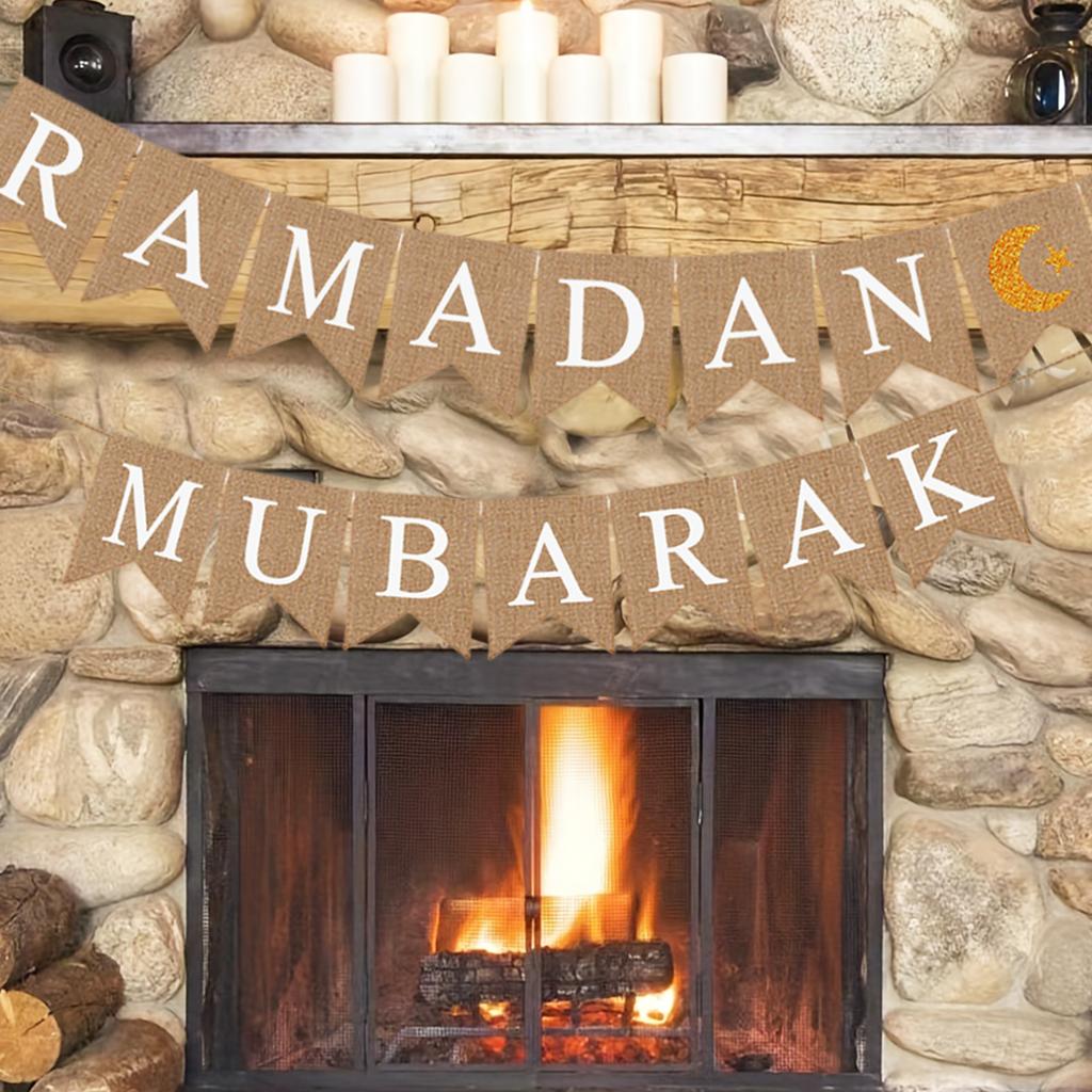 Eid Mubarak Linen Banner Garland Moon Star Hanging Ornaments Islamic Muslim for Home Ramadan Decoration Festival Party Supplies