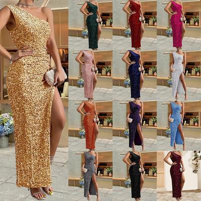 2025 Spring New Fashion Women's Dress Sexy One Shoulder Sleeveless Sequin Slit Solid Color Long Gowns with Side Slit