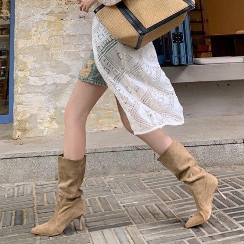 Versatile short tube stacking boots thin heel high heel western cowboy boots short boots women's apricot thin fashion medium tube single boots