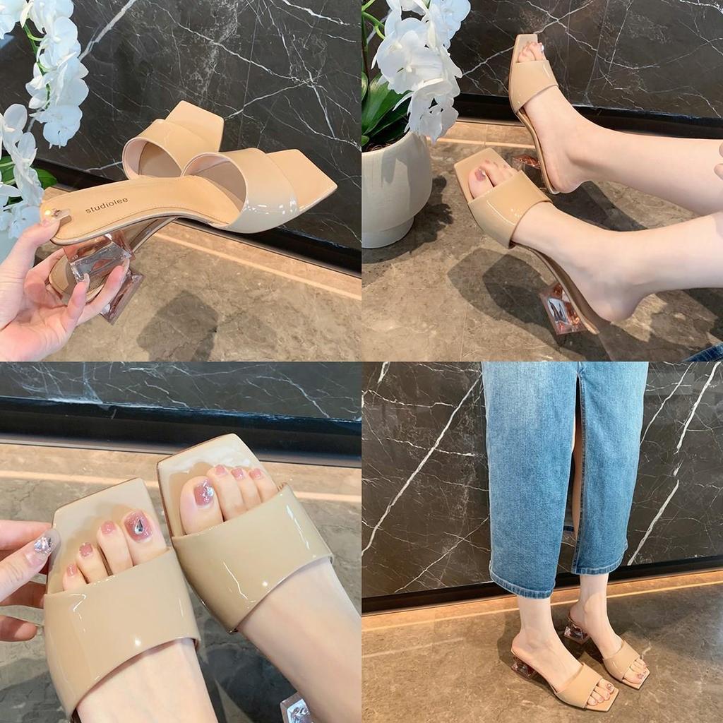 Internet Celebrity Studiolee Crystal Thick High Heel Thick Bottom Square Head Word with Open Toe Cool Slippers Women Summer Wear Summer