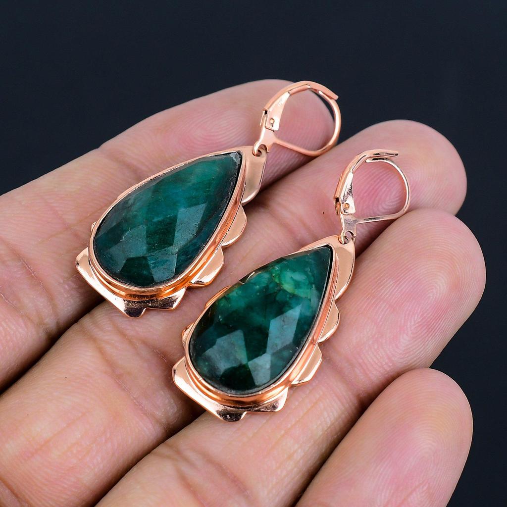 Faceted Emerald Gemstone Handmade Copper Jewelry Gorgeous Earring For Women