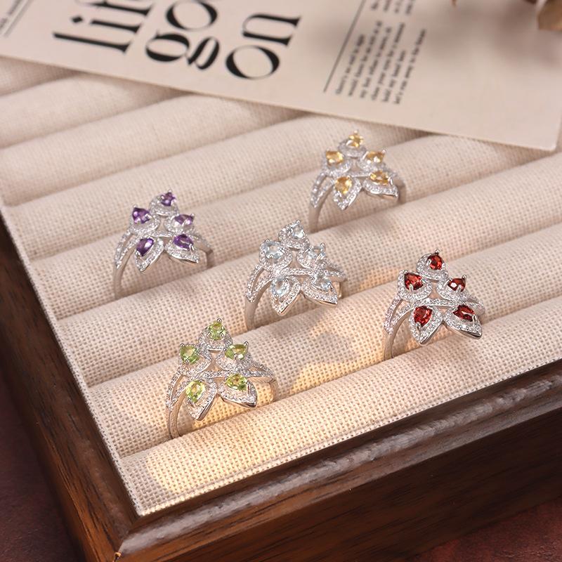 S925 Silver Adjustable Ring with Natural Crystal/Peridot/Topaz, Gemstone Jewelry for Women