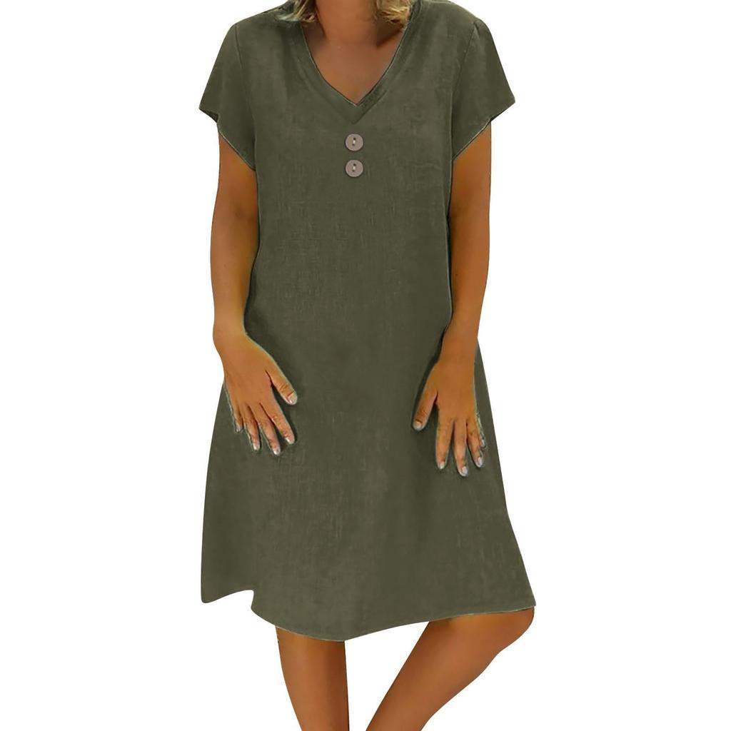 Women's Fashionable Retro V-Neck Short-Sleeve Casual Cotton-Linen Dress