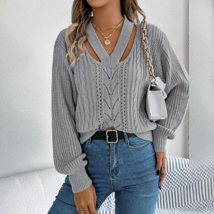 Women Casual Long Sleeve V Neck Knit Sweater for Autumn Winter