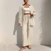 Womens 2026 Solid Color Turn-Down Collar Long Sleeve Shirt Elastic Waist Tie-Front Casual Pant Set