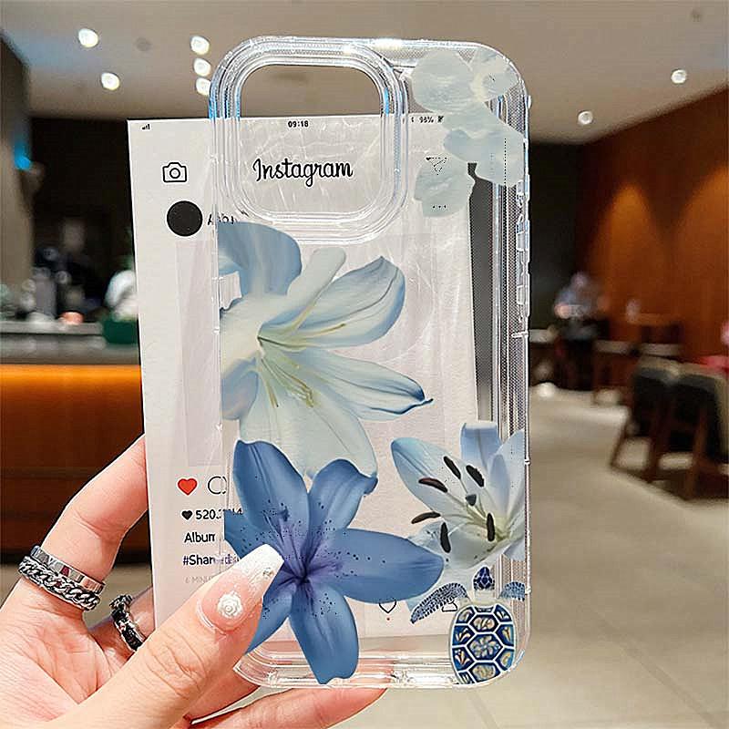 

Elegant Blue Lily Pattern Phone Case for iPhone 17 16 15 14 13 12 11 Pro Max 7 8 Plus XR XSMax Airbag Anti Fall Clear Back Cover iPhone 17 Pro