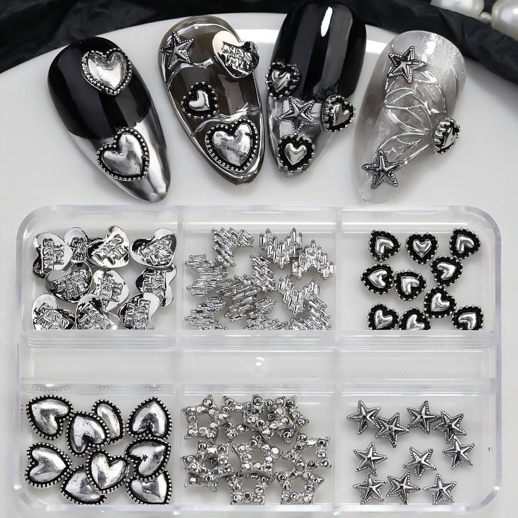 30pcs 6Grids Mixed Shaped Punk Arrow Nail Rivets Zinc Alloy Jewelry Y2k Nails Supplies DIY Nail Art Decoration Cool Style
