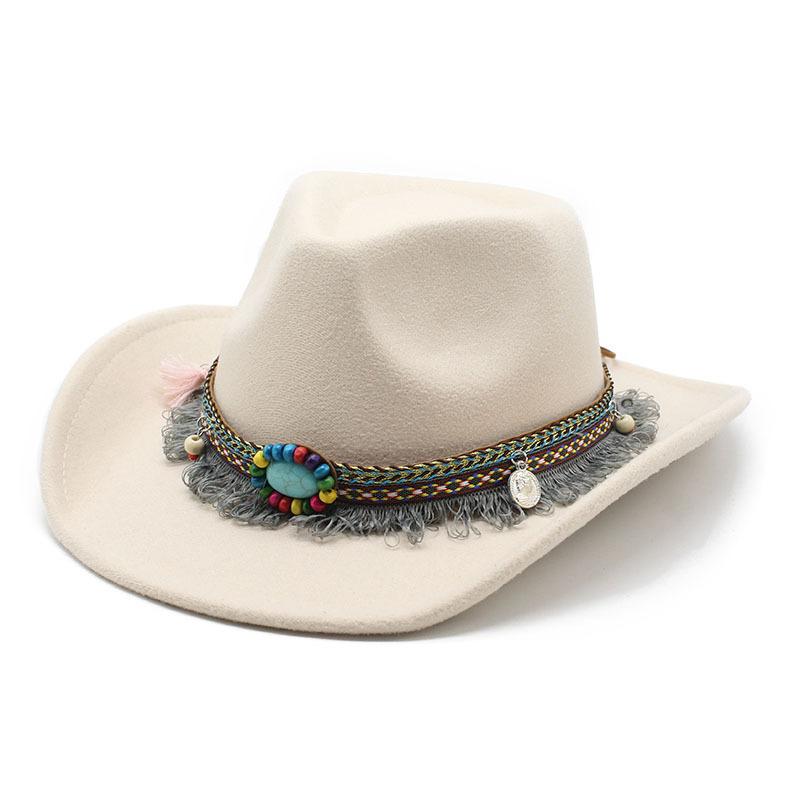 Ethnic Style Tassel, British Style Felt Hat, Retro Top Hat, Woolen Men'S And Women'S Western Cowboy Hat