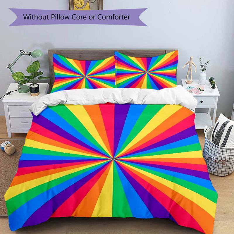 3pc Rainbow Stripes Cover Set - 1 Quilt Cover + 2 Pillowcases, All Seasons Bedroom Setting, Perfect for Home080