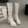 Fashion Women's Boots Fashion Comfy Black White Knee-High Boot Soft Leather Chunky Heel Long Boots Elegant Women Retro Boots Botas Mujer