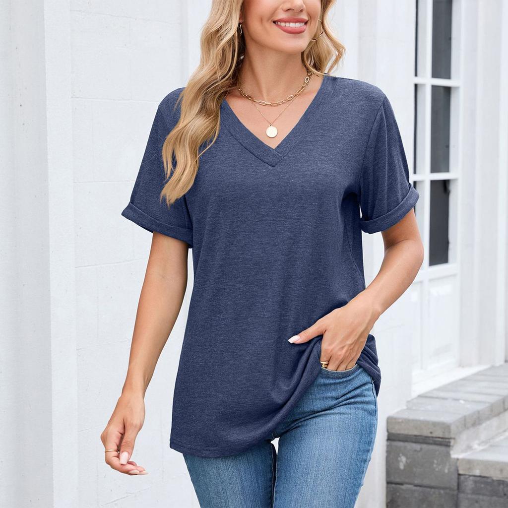 Women's Fashion Color V-neck Short Sleeved Loose Fitting Pullover T-shirt Top