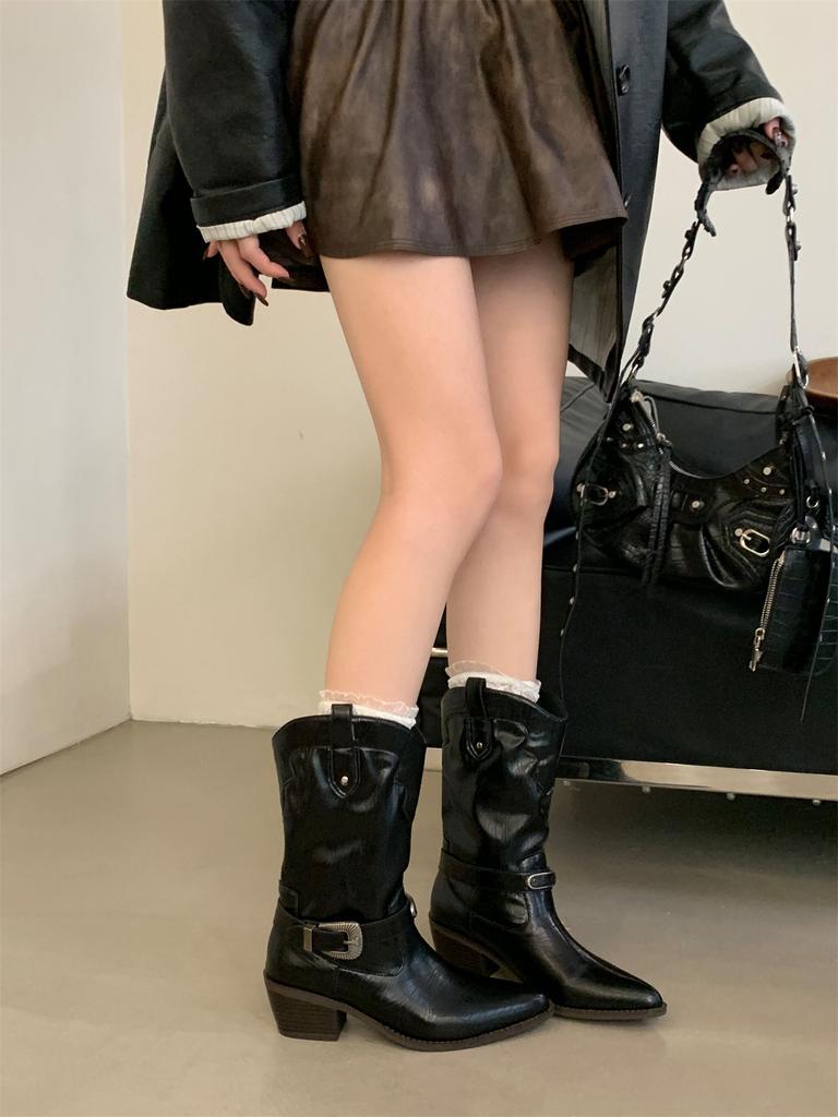 Retro belt buckle medium tube knight boots women's 2025 autumn and winter new square head thick heel thin western cowboy boots