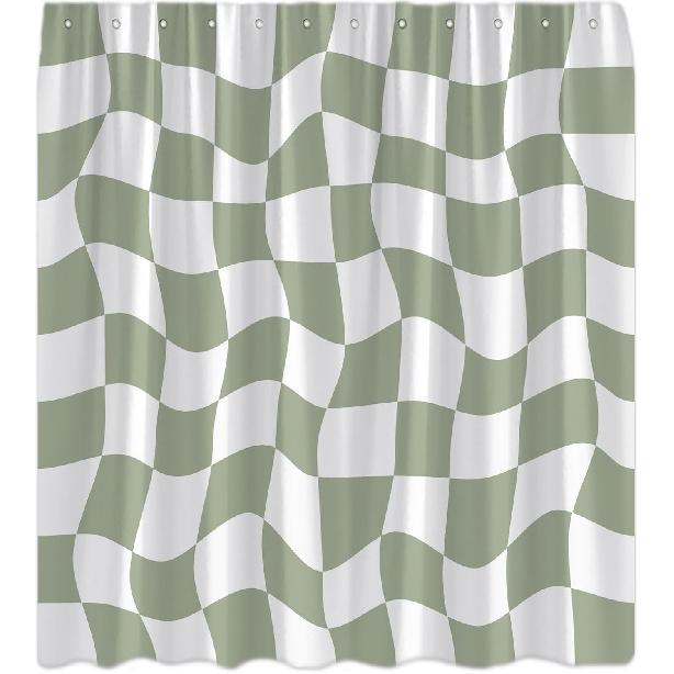Retro Checkered Shower Curtain Sage Green and White Cute Checkerboard Geometric Vintage 60s 70s Abstract Aesthetic Modern Decor Bathroom Curtain Set