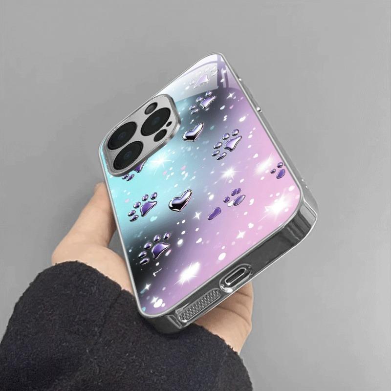 Purple Silver Heart Paw Print Electroplate Phone Case For Samsung Galaxy S23 S24 S25 S26 Ultra Plus FE Tempered Glass Cover