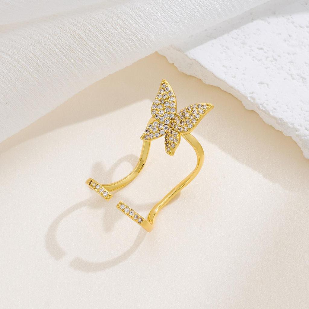 Long Butterfly Rhinestone Open Ring: New European American Fashion Statement Ring