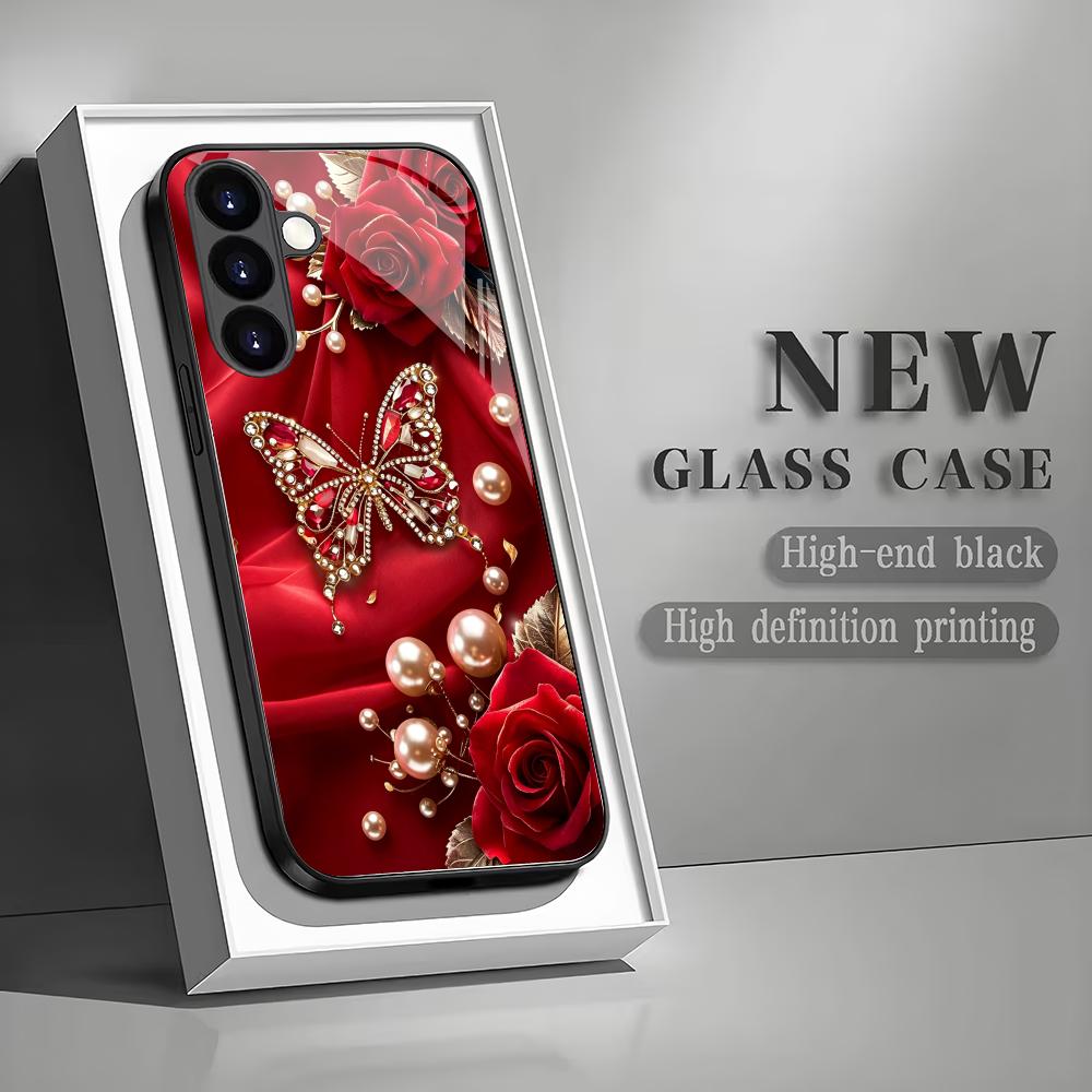 Butterfly Rose Black Glass Phone Case Suitable for Samsung Galaxy S26 S25 S24 S23 S22 S20 FE/Ultra/Plus Anti Drop Back Cover