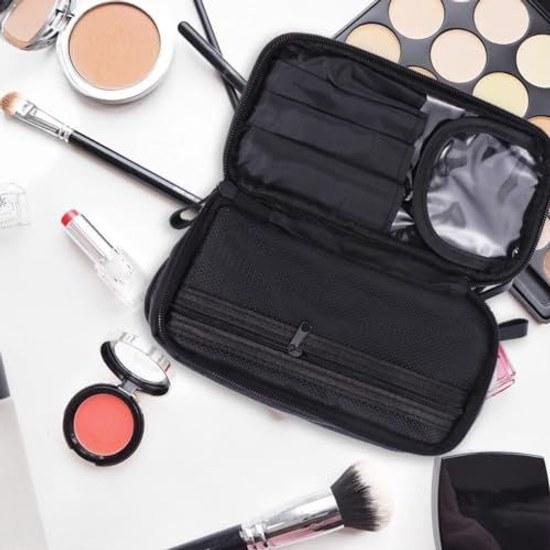 No-brand nylon material black double-layer makeup travel bag cosmetic zipper dirt-resistant essential protection easy use storage bathroom pouch.