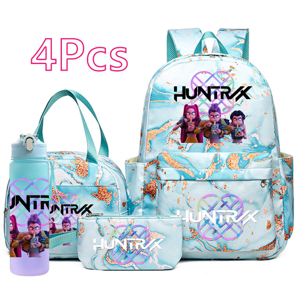 4Pcs/set Cartoon K-Pop Printed Large Capacity Backpack Handbag Pencil Case with 750Ml Water Bottler for Teenager Boy Girl Schoolbag Bookbag Kid Gift
