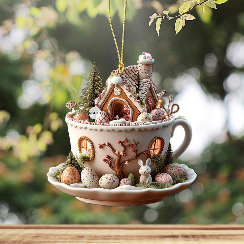 Neue Osterbaum-Anhänger 2D-Ebene Acryl Osterei Hase Haus Kaffeetasse Dekoration Saisonale Deko Rucksack Anhänger