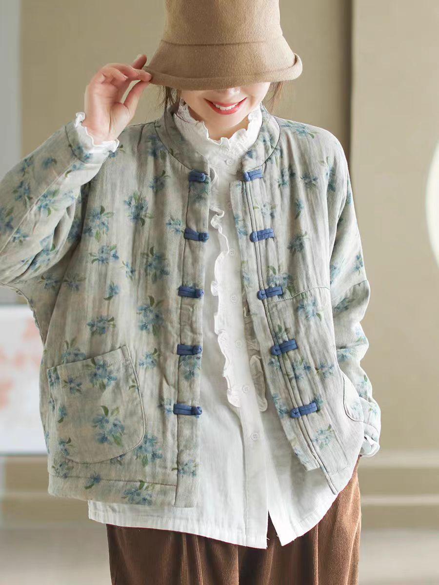 

Johnature Женские Зимние Пальто в Китайском Стиле с Принтом, Свободного Кроя, Винтажные, на Пуговицах, с Длинными Рукавами One Size синий