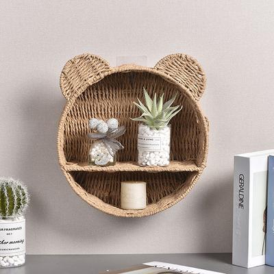 Cute Bear Ear Wall Mounting Shelf Rattan Wall Shelves Small Plant Display Storage Rack Home Decors Woven Hanging Storage Basket