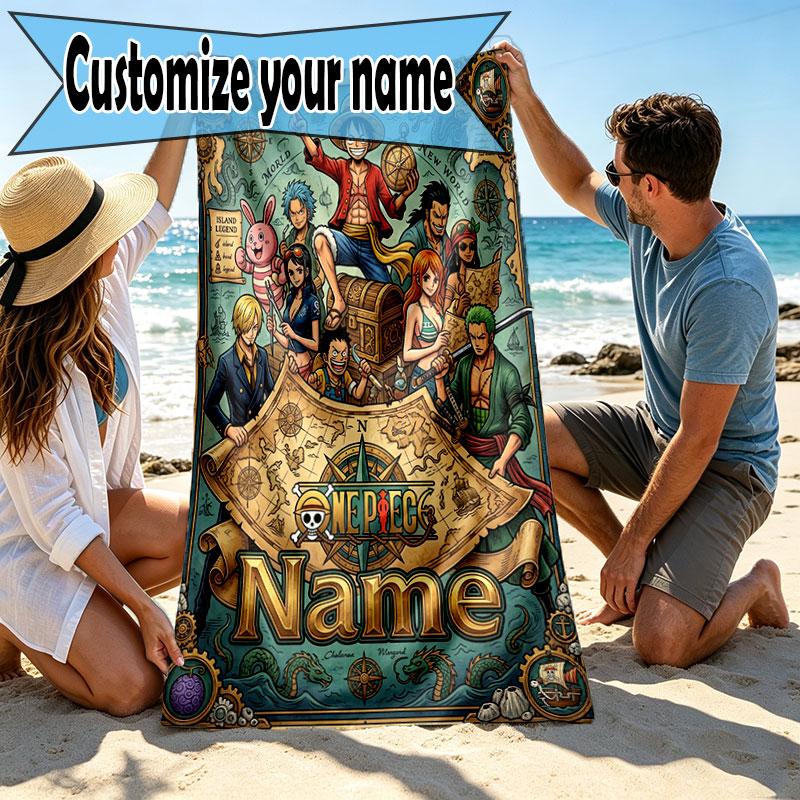 Custom Name Personalized ONE PIECE Print Beach Towel, for Trip Camping Beach Party Home Decor, Birthday Gift for Family & Friends