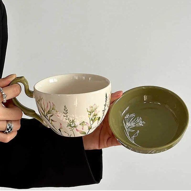 460ml Large Capacity Ceramic Cup with Cover, Breakfast Cup with Crank, Retro Rural Style Ceramic Mug Coffee Cup and Dishes Sets