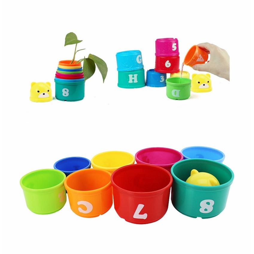 Lebendige und bunte 9-teilige Stapelbecher Badezimmer-Spielzeug Stapelset für kreatives Spielen