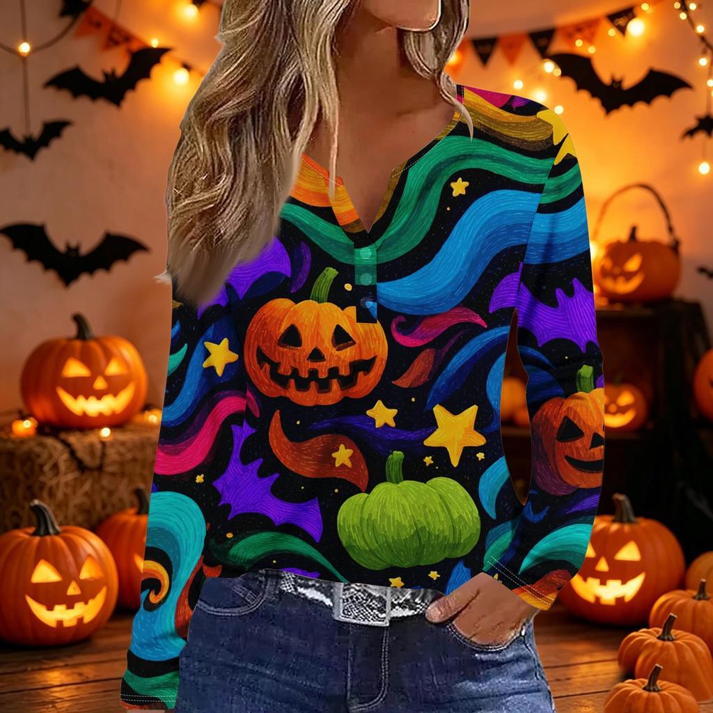 Womens Casual Halloween Print V Neck Long Sleeve Button Detail Top Lightweight Stretchy Fabric Comfortable Fit