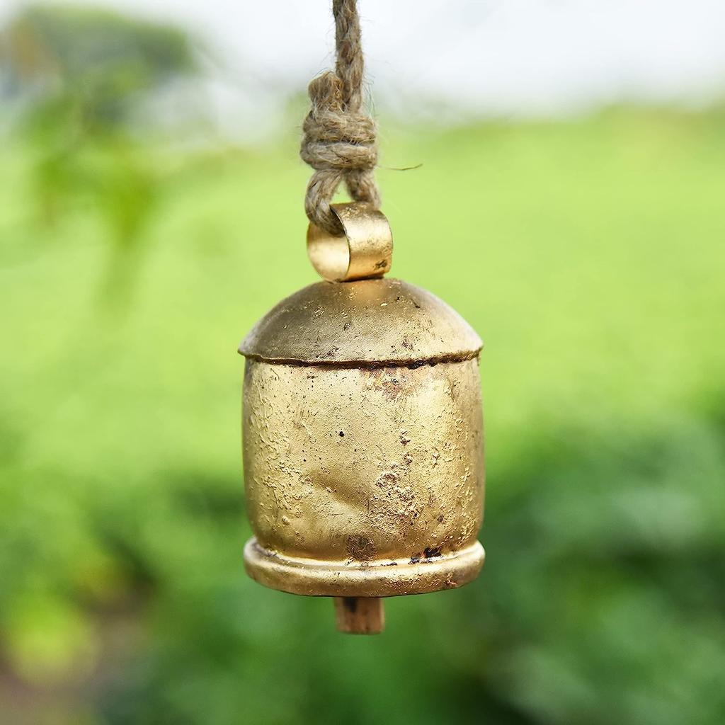 36 Inch Large Gold Cowbell Wind Chime for Outdoor Garden, Handmade Rustic Entryway Decor with Vintage Jute Rope for Patio and Porch