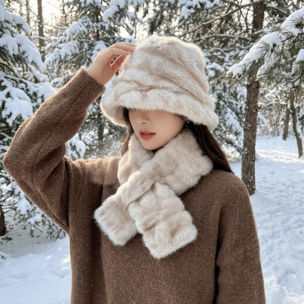 Windproof Winter Hat Scarf Set Thick Fur Snood Scarf Fashion Faux Fur Hat Scarf Set  Skiing Holiday