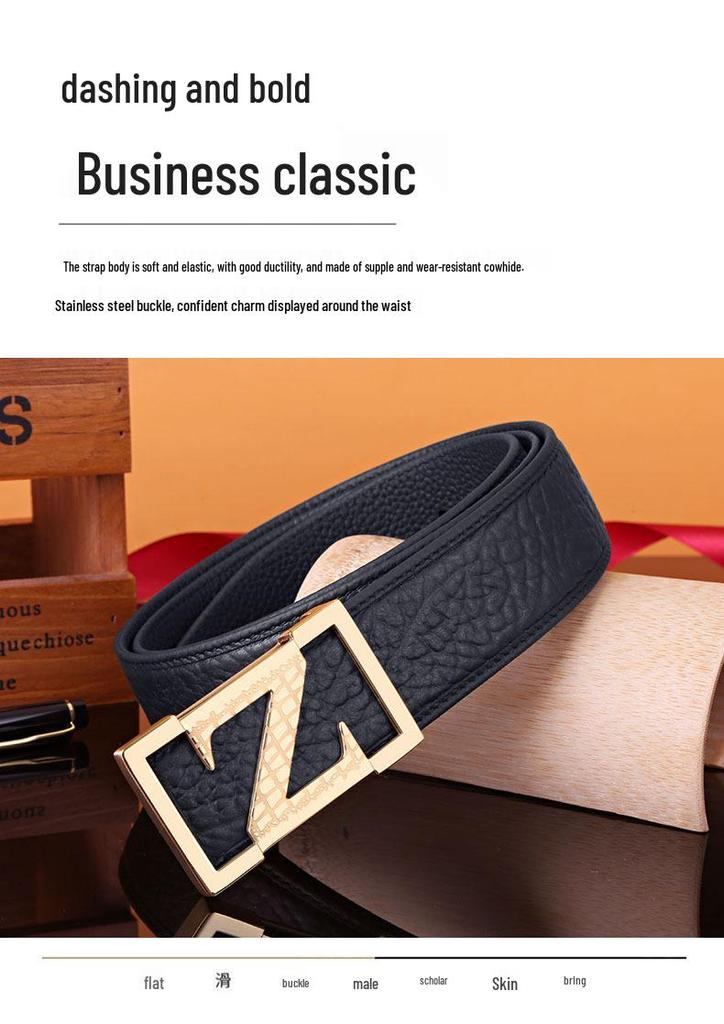 Men's Z Letter Business Casual Buffalo Leather Belt with Stainless Steel Buckle