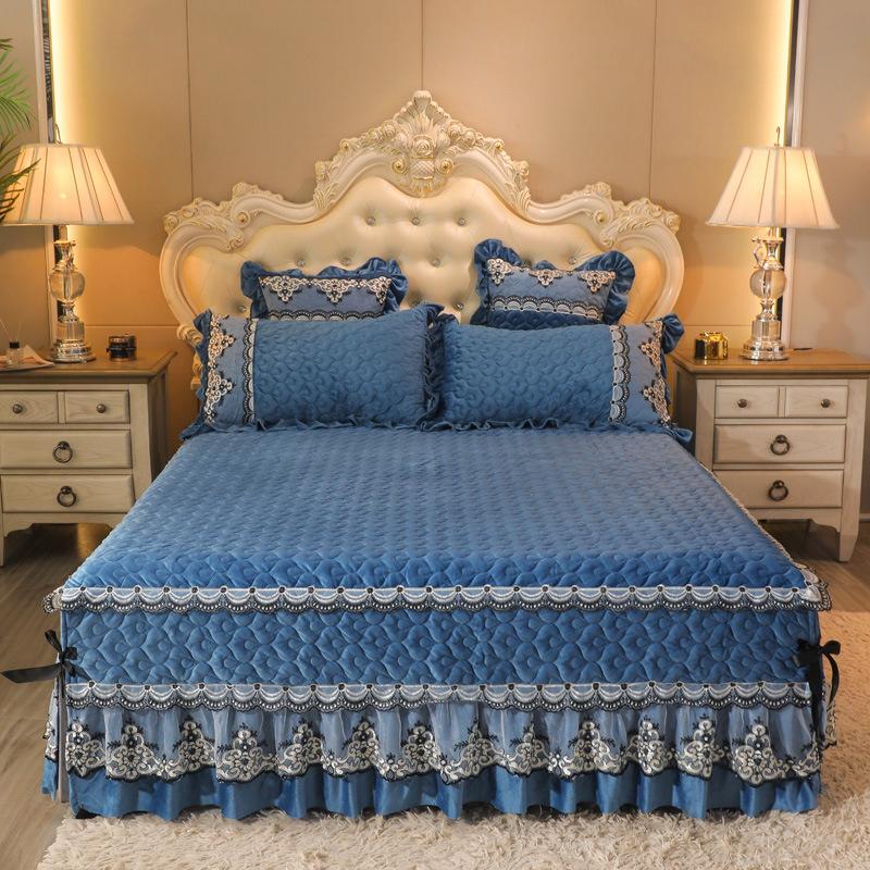 1 peça Saia de Cama Clássica Europeia Aveludada Acolchoada Tamanho King Queen Alta Qualidade Pelúcia Curta Colcha Não Inclui Fronha