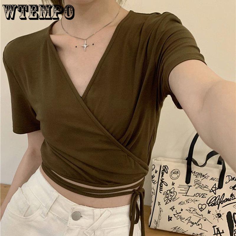 WTEMPO Ummer Casual Tees Women Solid V-neck Cropped Tops Cross Tie-Up Harajuku Basic Korean T-Shirts Streetwear