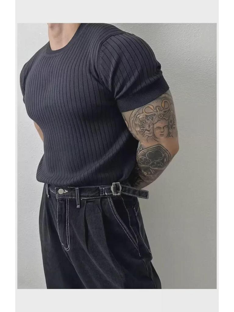 Men's Trendy Slim-Fit Summer Knit T-Shirt with Vertical Stripes