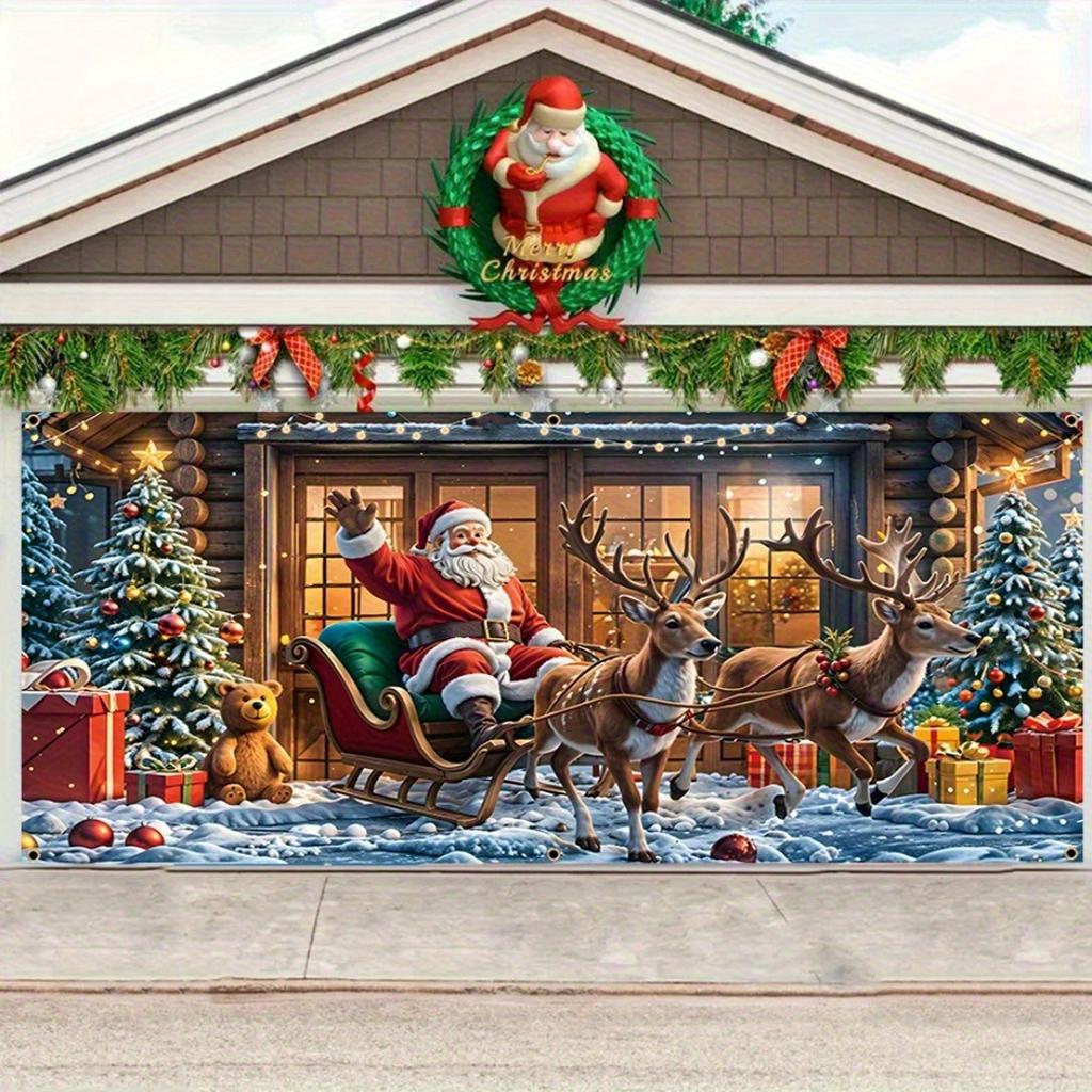 2D door curtain banner, Christmas garage door banner - Santa Claus and reindeer sleigh scene, gifts and garlands, polyester