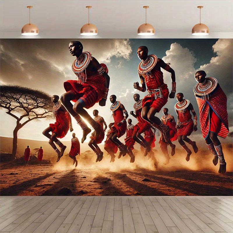 African Tribal Dancers Jumping Traditional Red Attire Safari Sunset Wall Tapestry 2D Flat for Cultural Home Office Decor 74x94cm(29x37in)