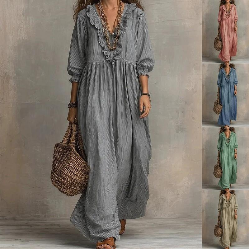 Abito Maxi da Donna a Righe con Volant e Scollo a V, Casual, Vestibilità Larga, Vita Alta, Lungo