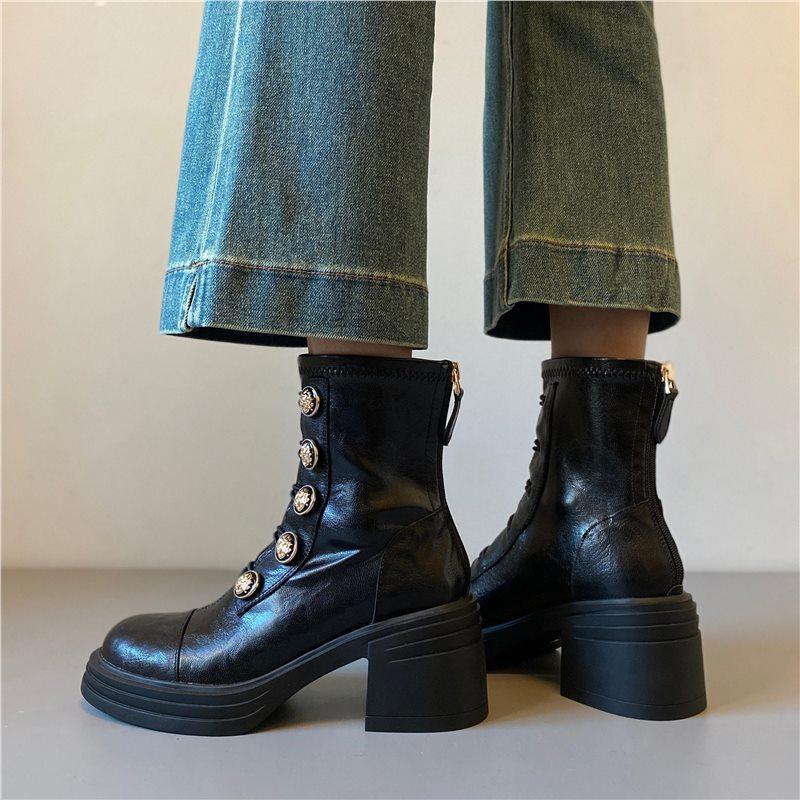 Sheepskin~ High heel 7cm badge Small gold buckle Martin boots Thick sole heightening short boots Women's rear zipper soft sole silent boots