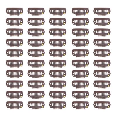 50pcs 8 Tips 8 Teeth Snap Comb Wig Clips Stainless Steel Snap Clips with Rubber Hair Grips for Hair Extension Wigs Brown