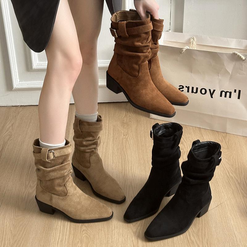 Plissierte Stiefel mit Fell Damen Sommer 2025 Neu Innen erhöhend Kleine Merad Western-Cowboystiefel Einzelstiefel