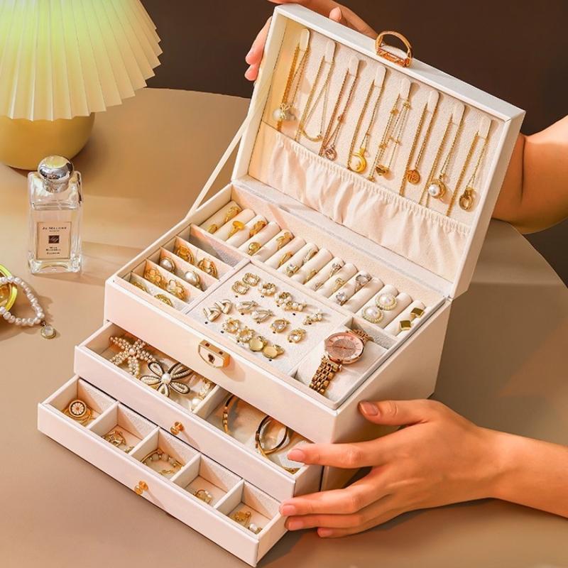 Luxury Three-Layer Jewelry Storage Box Vintage Flip PU Case High-End Ring Earring Necklace Organizer with Removable Dividers