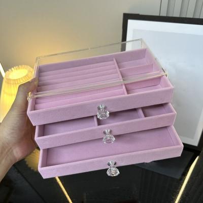 3-Tier Jewelry Storage Box Transparent Flannel Jewelry Box Three Drawer Jewelry Box  Home