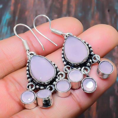 Pink Chalcedony Gemstone Handmade 925 Sterling Silver Jewelry Earring For Halloween