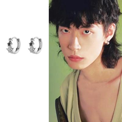 Diamond-Encrusted Black Star Ear Buckle Japanese And Korean Popular Male Ruffian Handsome Street Feeling Sleeping Free Pentagram Earrings
