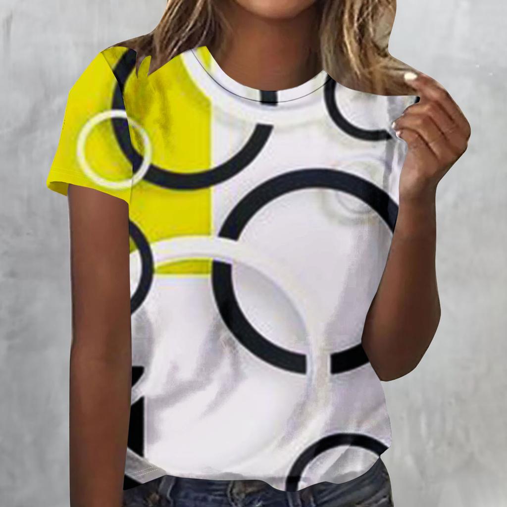 Summer Round Neck 3D Geometric Figure Print Top Fashionable Casual Short Sleeved Women's T-shirts