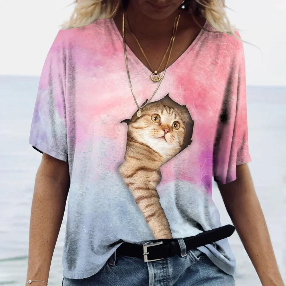 Übergröße Damen T-Shirt Kawaii Katzenaufdruck 3D T-Shirt Top Mädchen Y2k Kleidung Kurzarm T-Shirts V-Ausschnitt Lässig Urlaub Damen T-Shirt