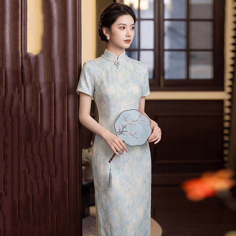 Blue National Style New Chinese Style Suzhou Daily Long Cheongsam Improved Young 1011 New Women's High Sense Summer