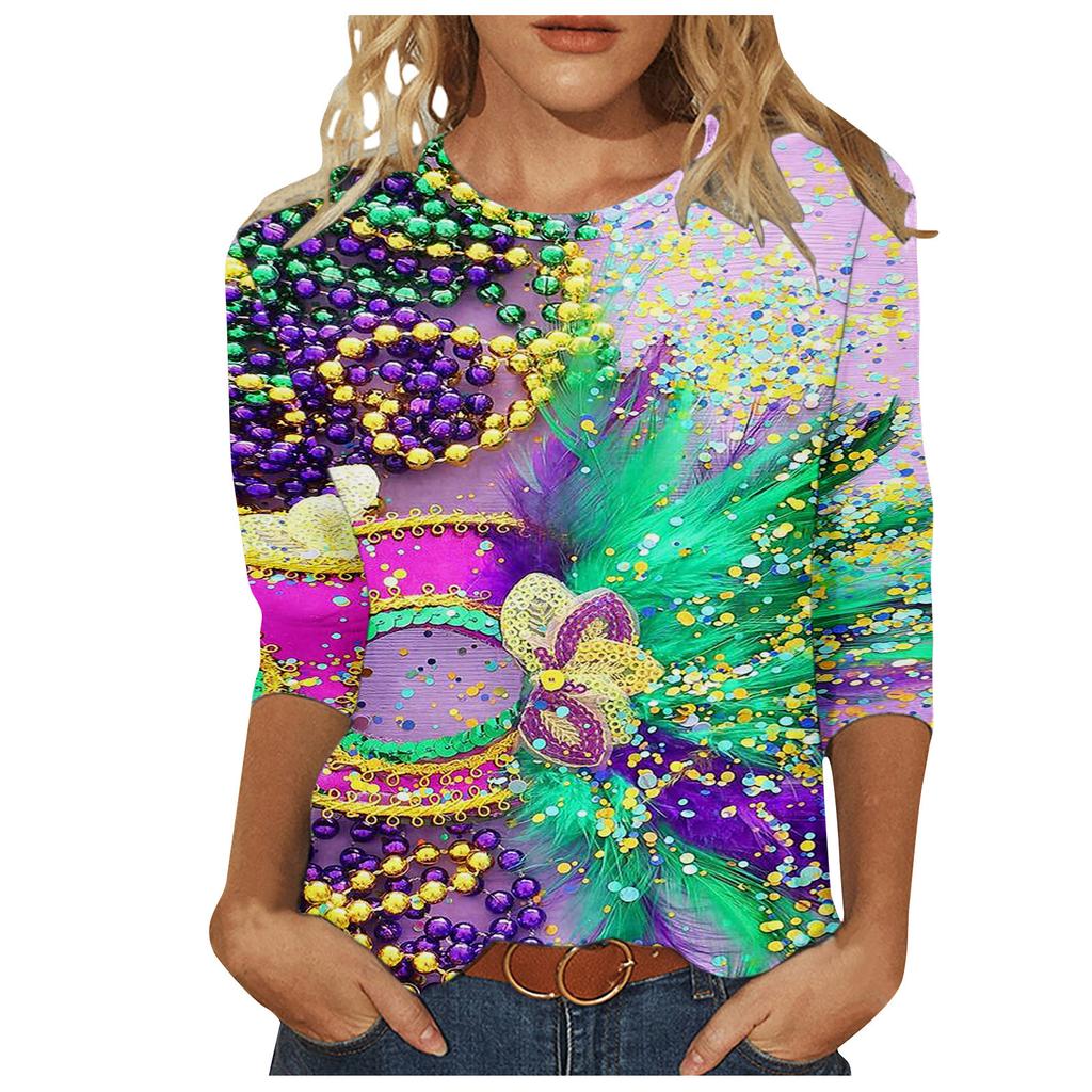 Long Sleeved Glamorous Mask Patterned Top Carnival Themed Printed Women's T-shirts