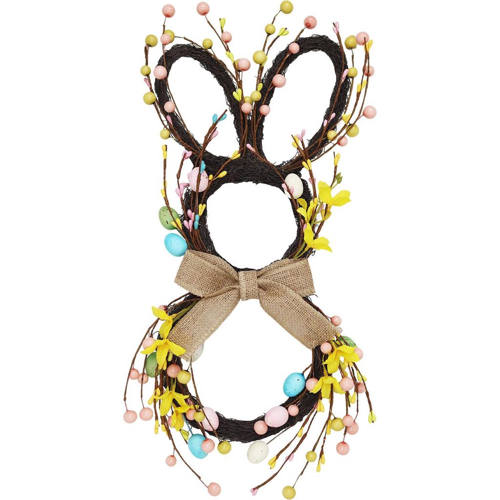 Easter Bunny Rattan Wreath Pendant: Forest-Style Egg Ring Door Hanger Wall Decor